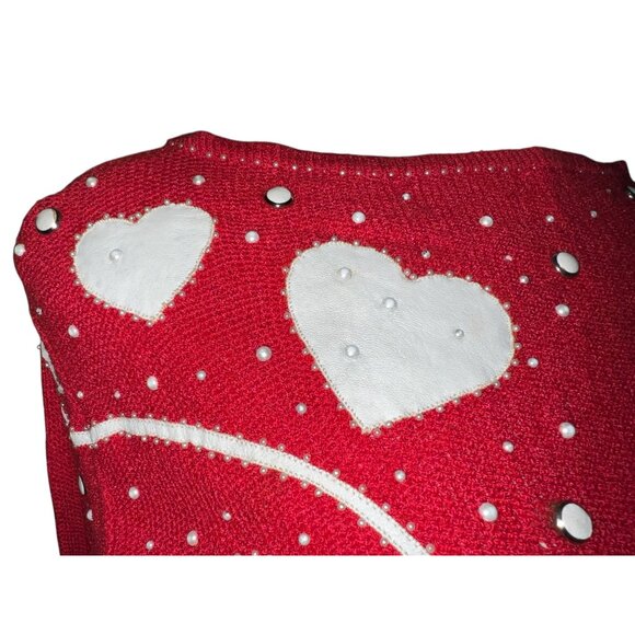 Vintage Smiths Aspen Red Knit Sweater W/ White Heart Design & Beaded Detailing - Picture 7 of 12